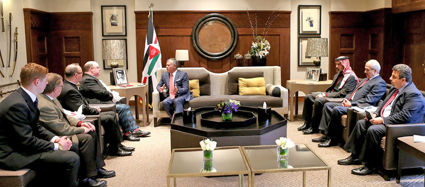 His Majesty King Abdullah meets with the Moderator of the General Assembly of the Church of Scotland Minister Derek Browning at Al Husseiniya Palace on Sunday  (Photo courtesy of Royal Court)