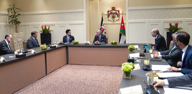 His Majesty King Abdullah, accompanied by HRH Crown Prince Hussein, receives a US congressional delegation headed by US Senate Committee on Foreign Relations member Senator Mike Rounds at Al Husseiniya Palace on Sunday (Photo courtesy of Royal Court)