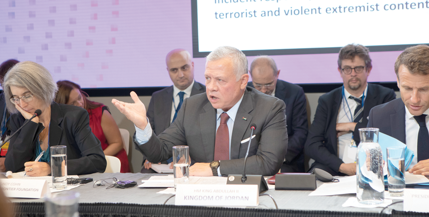 His Majesty King Abdullah speaks during the Christchurch Call to Action to Eliminate Terrorist and Violent Extremist Content Online summit, in New York, on Tuesday evening (Photo courtesy of Royal Court)