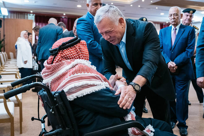 His Majesty King Abdullah, the Supreme Commander of the Jordan Armed Forces-Arab Army, meets with a number of military retirees at the northern region’s officers’ club in Irbid Governorate (Photo courtesy of Royal Court)