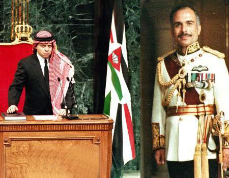 His Majesty King Abdullah stands in front of a portrait of late King Hussein at Parliament on February 7, 1999 (Petra photo)