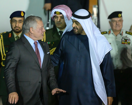   His Majesty King Abdullah is received by United Arab Emirates President Sheikh Mohamed bin Zayed Al Nahyan upon arrival in Abu Dhabi (Photo courtesy of Royal Court)