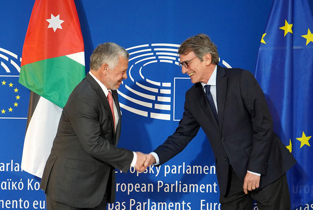 His Majesty King Abdullah meets with European Parliament President David Maria Sassoli, at the European Parliament’s headquarters in Strasbourg, on Wednesday  (Photo courtesy of Royal Court)