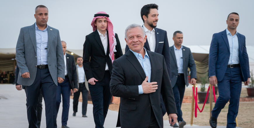 His Majesty King Abdullah , accompanied by HRH Crown Prince Hussein, expresses pride to be among members of the Bani Sakher tribe, during a meeting with local community representatives from the Central Badia. His Majesty said that Jordan has overcome difficult phases and circumstances through the determination of its people and continues to move forward with modernisation and progress (Photo courtesy of Royal Court)