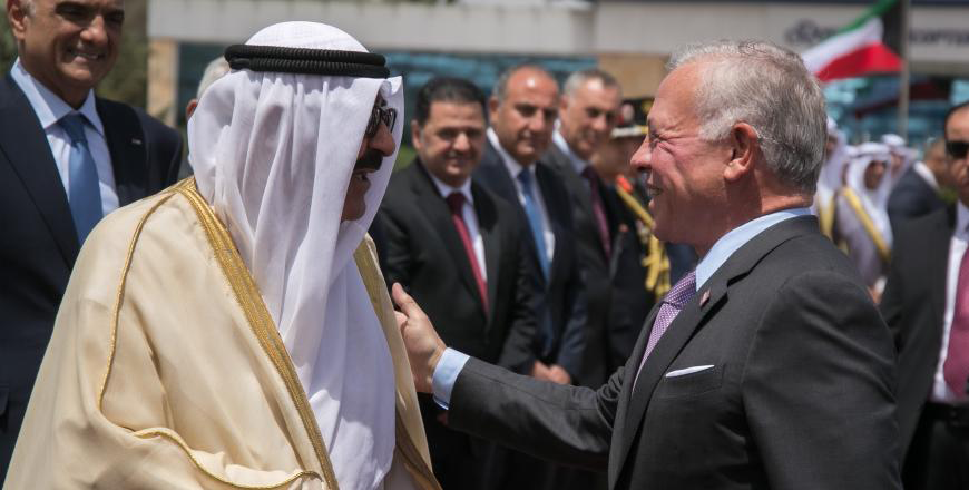 His Majesty King Abdullah bids farewell to Kuwait Emir Sheikh Meshal Al Ahmad Al Jaber Al Sabah at Marka Airport, at the conclusion of a two-day state visit to Jordan (Photo courtesy of the Royal Court)