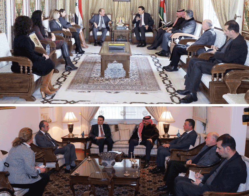 Bottom: Lower House Speaker Ahmad Safadi meets with Turkish Ambassador to Jordan Erdem Ozan during a visit to the embassy on Wednesday. Top: Safadi meets with Chargé d'Affaires at the Syrian embassy Issam Yanal during a visit to the embassy on Wednesday (Petra photos)
