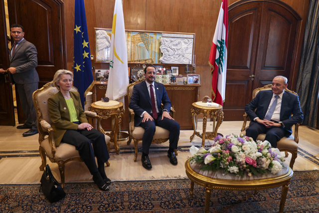 Lebanon's Parliament Speaker Nabih Berri meets with European Commission President Ursula von der Leyen and Cypriot President Nikos Christodoulides in Beirut on Thursday (AFP photo)