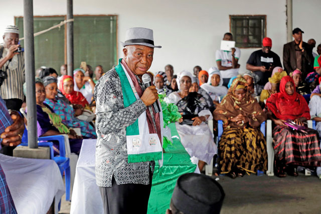 Joseph Nyuma Boakai, Liberia’s vice president and presidential candidate of the Unity Party, speaks during a campaign rally in Monrovia, Liberia, on Sunday (Reuters photo)