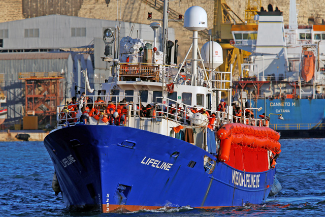 The charity ship Lifeline is seen at Boiler Wharf in Senglea, in Valletta's Marsamxett Harbour, Malta, on Wednesday (Reuters photo)