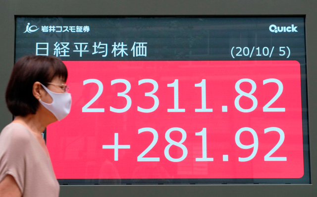 A pedestrian walks past an electronic quotation board displaying share prices of the Tokyo Stock Exchange in Tokyo on Monday (AFP photo)