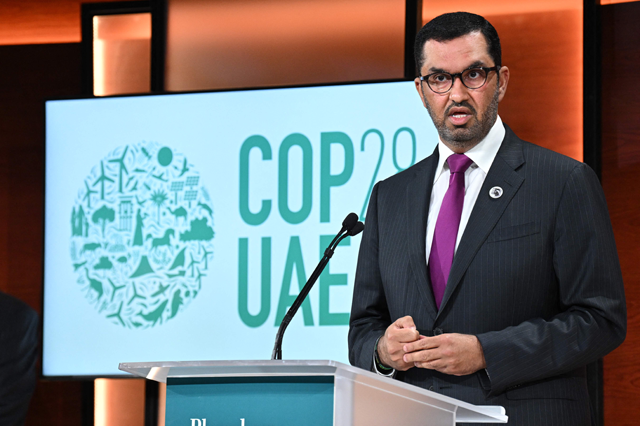 The president of the upcoming COP28 climate change Sultan Ahmed Al Jaber speaks during the Abu Dhabi International Petroleum Exhibition at ADNEC Exhibition Center October 2, 2023 (AFP photo)