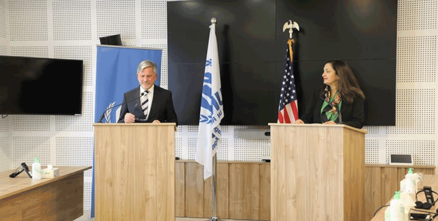 UNHCR Representative to Jordan Dominik Bartsch and US Department of State Under Secretary for Civilian Security, Democracy and Human Rights Uzra Zeya during a media briefing in Amman on Tuesday (Photo courtesy of UNHCR)