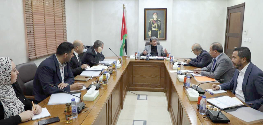 Minister of Political and Parliamentary Affairs Wajih Azaizeh, Minister of Education and Minister of Higher Education and Scientific Research Azmi Mahafzah, Youth Minister Mohammad Nabulsi and Minister of Government Communications Faisal Shboul during a meeting on Wednesday  (Petra photo)