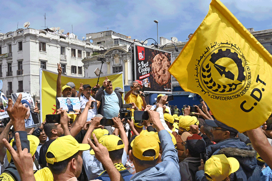 Members of Morocco's Democratic Confederation of Labour trade union attend a demonstration in Casablanca on Sunday, to denounce the deterioration of the social and economic situation in the country (AFP photo)