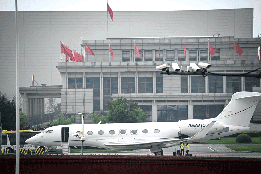 This photos shows the private jet of Tesla Chief Executive Officer Elon Musk before departing from Beijing Capital International Airport, on Wednesday (AFP photo)