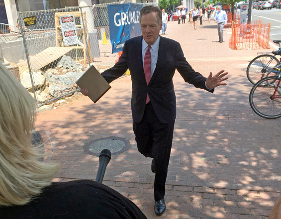 US Trade Representative Robert Lighthizer walks towards reporters ahead of a meeting with his Canadian and Mexican counterparts to discuss talks on modernising the NAFTA trade deal, in Washington, DC, US, on Friday (Reuters photo)