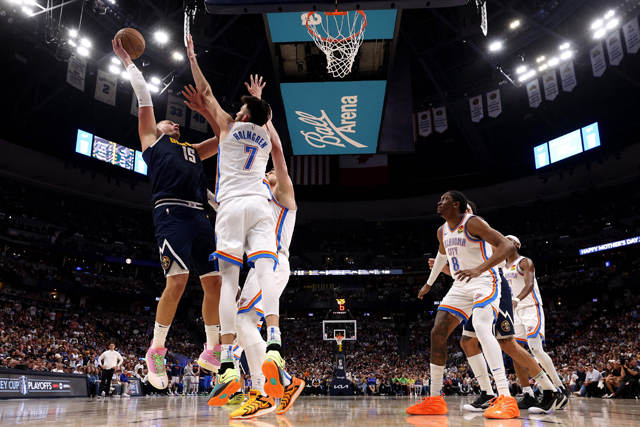 Nikola Jokic #15 of the Denver Nuggets shoots the ball against the Oklahoma City Thunder during the second half in Game Four of the Western Conference Second Round NBA Playoffs at Ball Arena on Sunday in Denver, Colorado  (AFP photo)