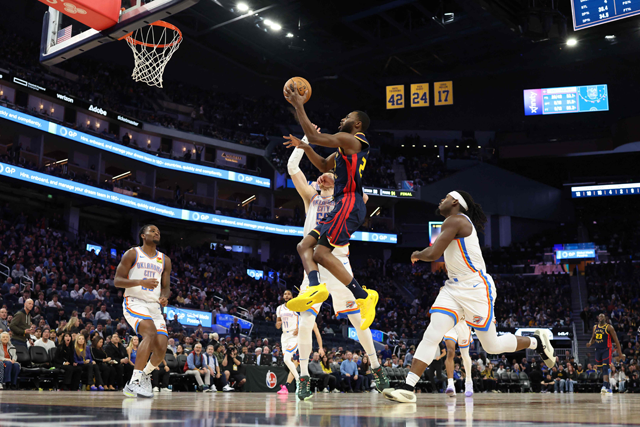 Andrew Wiggins #22 of the Golden State Warriors takes a shot during the second half against the Oklahoma City Thunder at Chase Centre on Thursday in San Francisco, California (AFP photo)