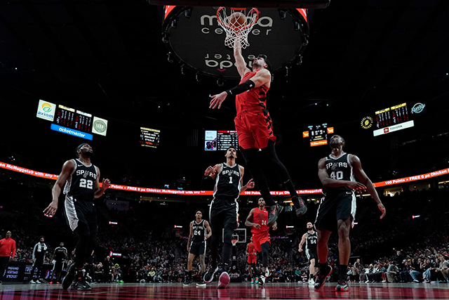 Deni Avdija #8 of the Portland Trail Blazers dunks the ball during the second half against the San Antonio Spurs at Moda Centre on Saturday in Portland, Oregon (AFP photo)