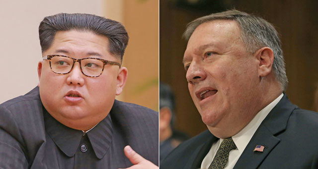 This combination of photos created on Wednesday shows a photo released by North Korea’s official Korean Central News Agency on April 10 of North Korean leader Kim Jong-un attending the Political Bureau of the Central Committee of the Workers’ Party of Korea in Pyongyang and US Secretary of State nominee Mike Pompeo during his confirmation hearing before a Senate Foreign Relations Committee on April 12 in Washington, DC (AFP photo)
