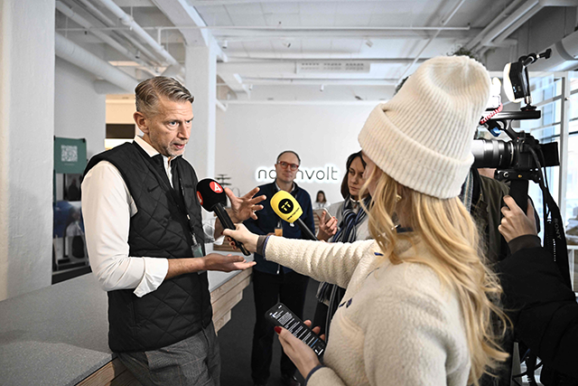 Northvolt's CEO and co-founder Peter Carlsson announces his resignation during a press conference in Stockholm on Friday. -Sweden OUT. (AFP photo/ TT news agency)