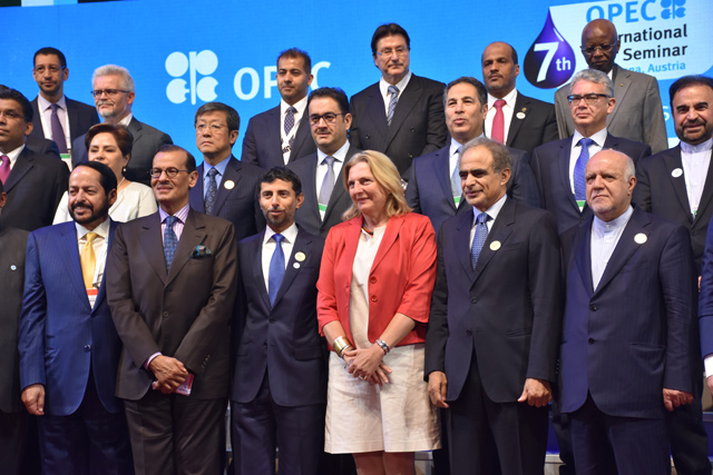 Participants pose for a family photo during 7th Organisation of Petroleum Exporting Countries International Seminar in Vienna, Austria, on Wednesday (Reuters photo)