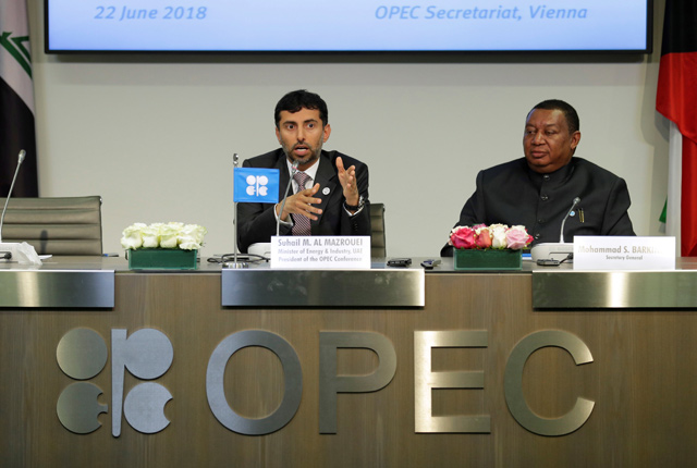 UAE’s Oil Minister OPEC President Suhail Mohamed Al Mazrouei and OPEC Secretary General Mohammad Barkindo address a news conference after an OPEC meeting in Vienna, Austria, on Friday  (Reuters photo)