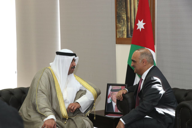 Prime Minister and Minister of Defence Bisher Khasawneh (right) meets with Kuwaiti Minister of Defence Sheikh Abdullah Ali Abdullah Al Sabah (left) in Aqaba on Tuesday (Petra Photo)