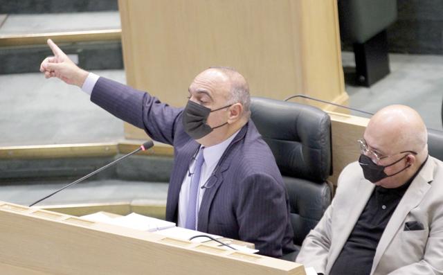 Prime Minister and Minister of Defence Bisher Al Khasawneh speaks during a Lower House session on Monday (Al Rai photo)