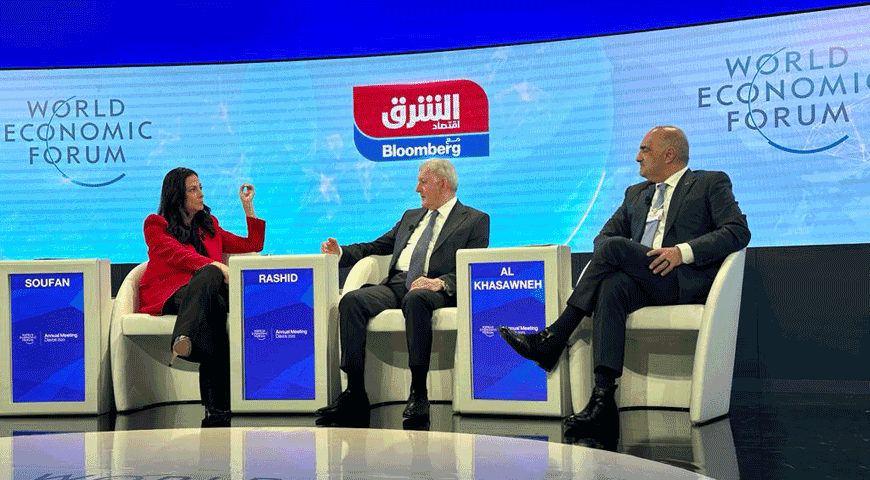 Prime Minister Bisher Khasawneh attends a panel session on the sidelines of the 2023 World Economic Forum Annual Meeting, currently held in Davos, Switzerland, on Thursday (Petra photo)