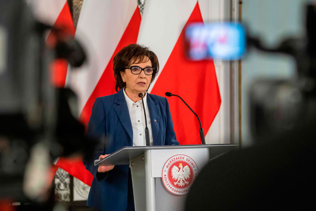 Elzbieta Witek, speaker of the Polish parliament, gives a statement on Wednesday in Warsaw to announce June 28 as date of the upcoming presidential election  (AFP photo)