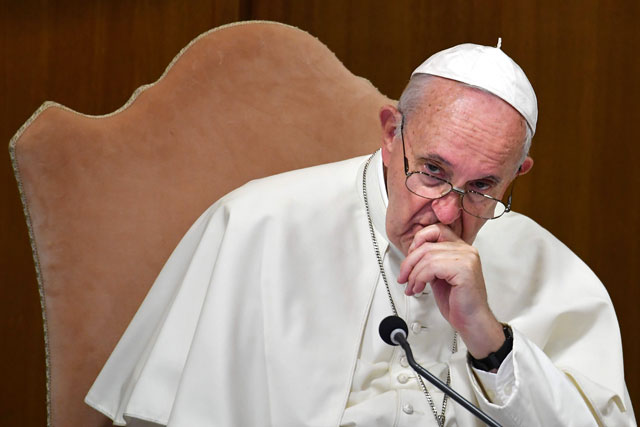 In this file photo taken on October 7, 2019, Pope Francis ponders during the opening of the Special Assembly of the Synod of Bishops for the Pan-Amazon Region in the Vatican (AFP photo)