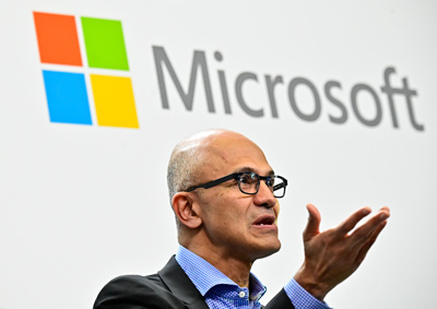 In this photo taken on February 27, 2019, Microsoft CEO Satya Narayana Nadella speaks during a so-called Fireside-Chat with the CEO of German carmaker Volkswagen (unseen) where they unveiled their cooperation for the Volkswagen Automotive Cloud developed with Microsoft  (AFP file photo)