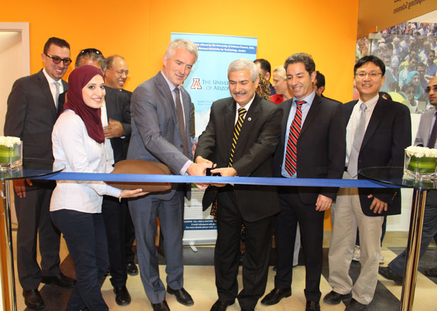 Mashhoor Al Refai, president of PSUT (centre right) and Brent White, dean of the University of Arizona’s International Branches, inaugurate the opening of a satellite branch of the American university at the PSUT campus  (Photo courtesy of PSUT)
