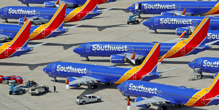 Several grounded Southwest Airlines Boeing 737 MAX 8 aircraft are shown parked at Victorville Airport in Victorville, California, US, on March 26 (Reuters file photo)