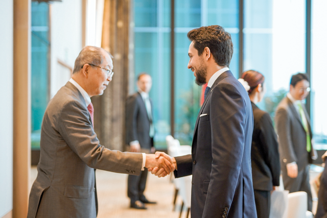 His Royal Highness Crown Prince Hussein meets with Founder and President of Euglena Mitsuru Izumo, whose company specialises in biotechnology and environment-related solutions (Photo courtesy of Royal Court)