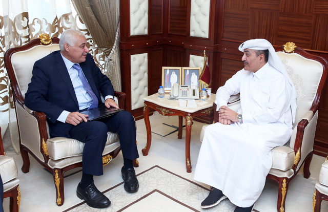 Labour Ministry Secretary General Farouq Hadidi meets on Tuesday with Qatari Minister of Administrative Development, Labour and Social Affairs Yousuf Fakhroo in Doha (Photo courtesy of Qatari Ministry of Labour)