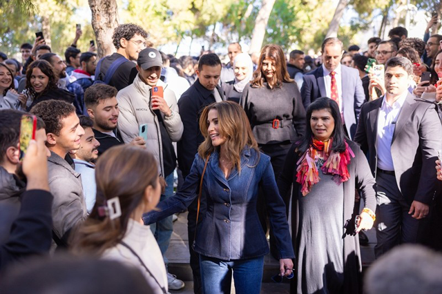 Her Majesty Queen Rania visits the King Hussein School of Computing Sciences at the Princess Sumaya University for Technology (PSUT) on Tuesday, in conjunction with the university’s participation in Global Entrepreneurship Week (Photo courtesy of Office of Her Majesty)