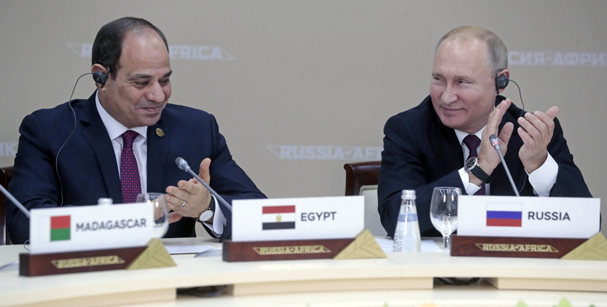 Russian President Vladimir Putin and Egyptian President Abdel Fattah Al Sisi meet with representatives of African regional organisations on the sidelines of the 2019 Russia-Africa Summit in Sochi, on Wednesday  (AFP photo)