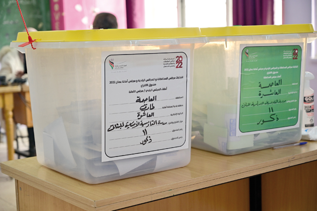 Ballot boxes are seen at a polling station during the governorate and municipal council elections on Tuesday (Photo by Amjad Ghsoun)
