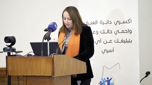 Jordanian National Commission for Women Secretary General Maha Ali speaks during the launch of its annual 16 Days of Activism against Gender-Based Violence campaign on Saturday (Photo courtesy of JNCW Facebook page)