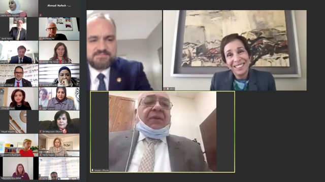 HRH Princess Basma takes part in the launch of the 'Guide on Combating Violence against Women in Public Life', held via videoconference, on Tuesday (Photo courtesy of the NDI)