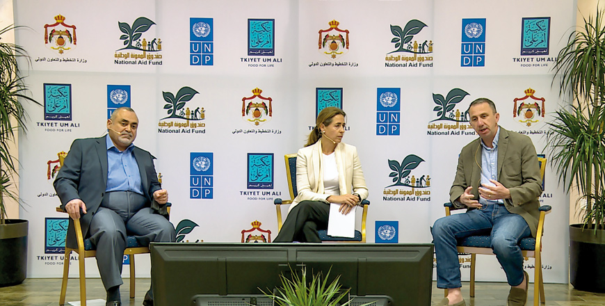 National Aid Fund (NAF) Director General Omar Mashaqbeh (left), UNDP Resident Representative Sara Ferrer Olivella and Tkiyet Um Ali Director General Samer Balqar during the virtual release of a study at NAF heaquarters on Wednesday (Photo courtesy of UNDP)