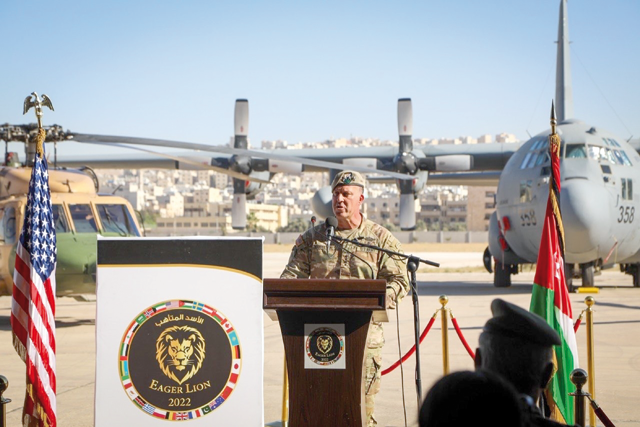 General Michael ‘Erik’ Kurilla, commander of US Central Command (CENTCOM), speaks during a press conference in Amman on Monday (Photo courtesy of CENTCOM media office)