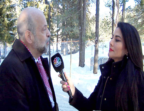 Prime Minister Omar Razzaz speaks during an interview with CNBC Arabiya on the sidelines of the World Economic Forum in Davos, Switzerland (Petra photo)