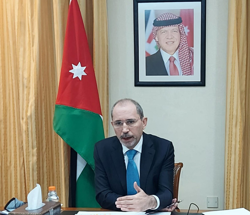Deputy Prime Minister and Foreign Minister Ayman Safadi speaks during the ministerial meeting of the Ad Hoc Liaison Committee, held virtually, on Tuesday (Photo courtesy of Foreign Ministry)