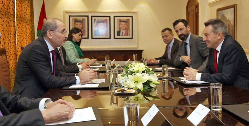 Minister of Foreign Affairs and Expatriates Ayman Safadi meets with International Committee of the Red Cross President Peter Maurer, on Wednesday. The meeting focused on the existing cooperation between the Kingdom and the ICRC on issues related to refugees (Petra photo)