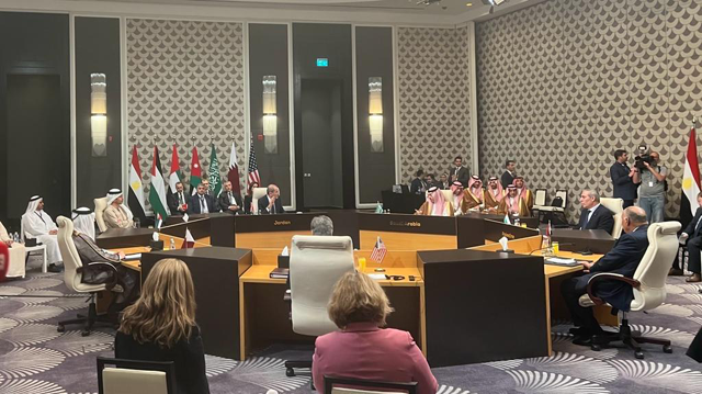 Deputy Prime Minister and Foreign Minister Ayman Safadi and his counterparts from Egypt, Saudi Arabia, UAE, Qatar and a senior Palestinian official met on Saturday with the US Secretary of State Antony Blinken over the Israeli ongoing war against the Gaza Strip (Photo courtesy of Foreign Ministry)