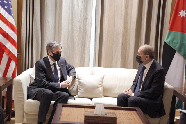 Deputy Prime Minister and Foreign Minister Ayman Safadi meets US Secretary of State Antony Blinken on Wednesday (Photo courtesy of the Foreign Ministry)