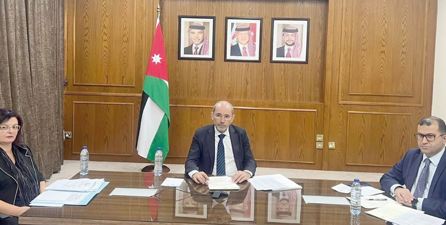 Deputy Prime Minister and Minister of Foreign Affairs Ayman Safadi virtually participates in the 18th extraordinary session of the Council of Foreign Ministers of the Organisation of Islamic Cooperation on Monday (Photo courtesy of Foreign Ministry)
